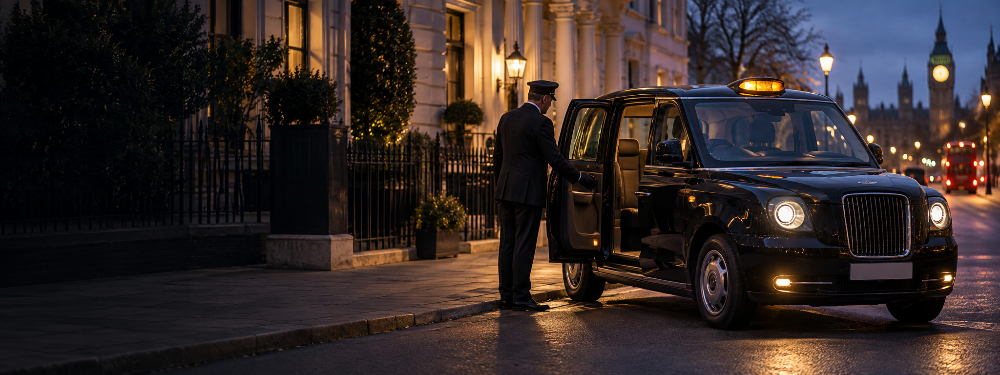 Professional London taxi driver welcoming a passenger beside a black taxi