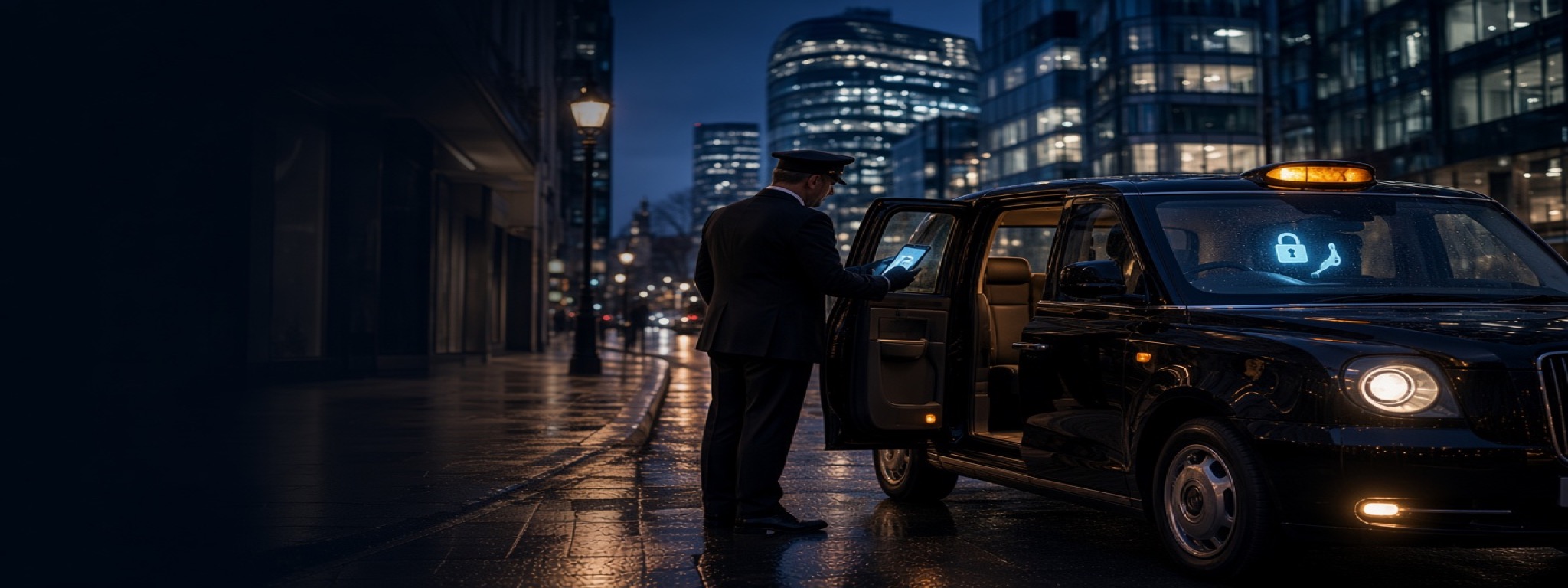 London black taxi waiting securely for a passenger on a quiet city street at dusk