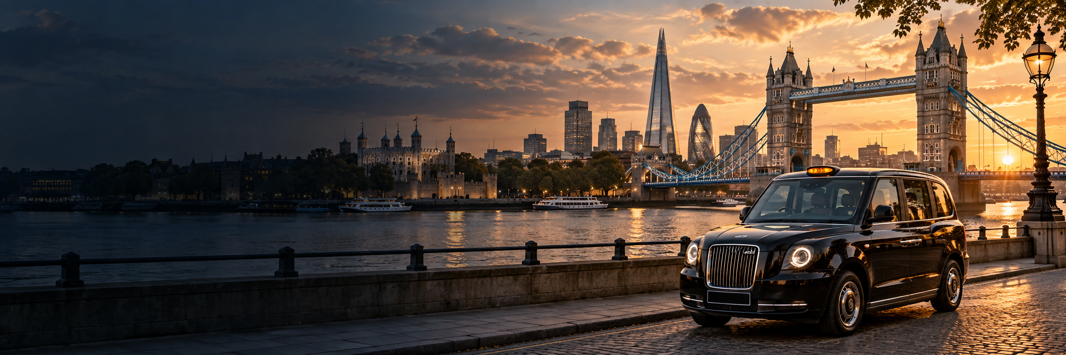 London black taxi beside the River Thames and Tower Bridge at sunset